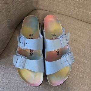 Light Blue Birkenstocks with tye dye soles